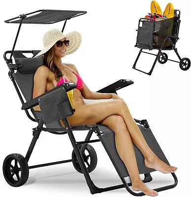 Beach Cart Chair 2 In 1 Foldable Chaise Lounge Chair Integrated Wagon Pull Cart • $114.99