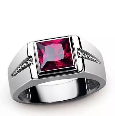 2 Ct Princess Cut Simulated Red Ruby Men's Wedding Band Ring 14K White Gold Over • $89