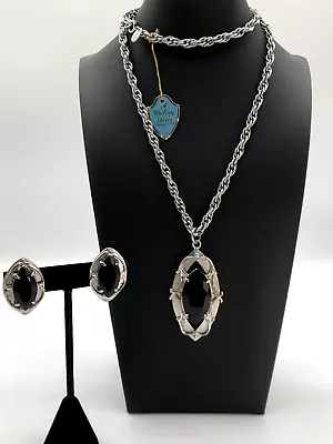 Whiting & Davis Necklace/Earrings ~ Silver Tone ~ Faux Onyx ~ Vintage • $40.47