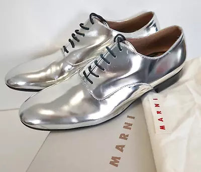 New MARNI Silver Mirrored Leather Lace-Up Shoes OXFORDS BROGUES EUR-39 US-9 • $235