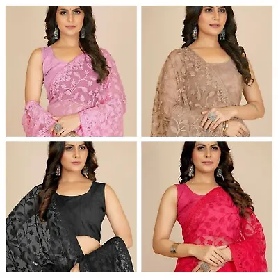 £25.99 • Buy New Thread Sequin Net Saree Banglori Silk Indian Wedding Bollywood Designer Sari