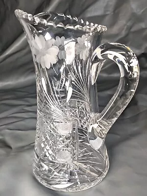 9.5  Large Antique American Brilliant Deep Cut Glass  Pitcher Flower Bouquet  • $62