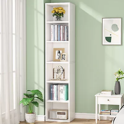 £69.98 • Buy White 6-Tier Tall Narrow Bookcase Wooden Slim Bookshelf Storage Shelving Cube