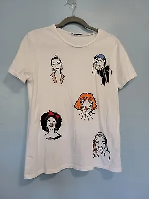 Zara White Embroidered Women's Faces Tee Size Small • $13.99