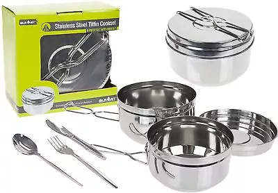 SUMMIT 6 Piece Stainless Steel  Tiffin Camping Cooking Set Pots Pans & Cutlery • £13.95