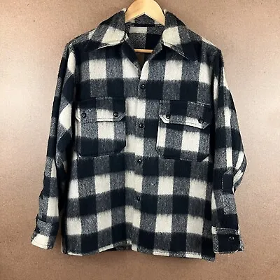 VTG 50s Buffalo Plaid Wool Shirt Jacket Shacket Black & White Small • $125