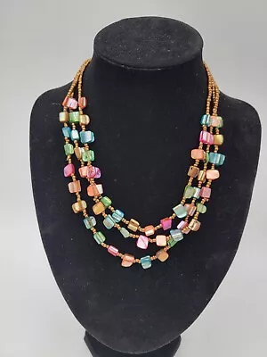 Elegant Dyed Abalone Green Blue Pink Gold Tone Beads Multistrand Necklace  • $9.99