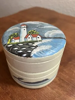 VINTG Handcrafted Wooden Lighthouse & Whales Trinket Box 2 1/4” RD 2” Tall • $9.99