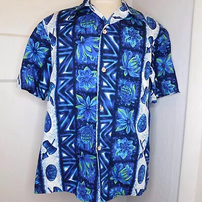 Vtg 60s Ui Maikai Mens Size L TIKI Hawaiian Aloha Shirt Cotton Blue Floral Masks • $58