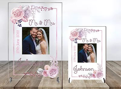 Personalised Wedding Anniversary Gift Mr & Mrs Photo MDF Acrylic Plaque On Stand • £14.99