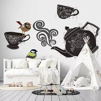 3D Bird Cup Kettle Vapour Floral Self-adhesive Removeable Wallpaper Wall Mural1 • $224.99