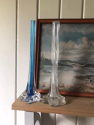 Two Vintage Tall Elephant Foot Glass Vase Blue & Clear • $75