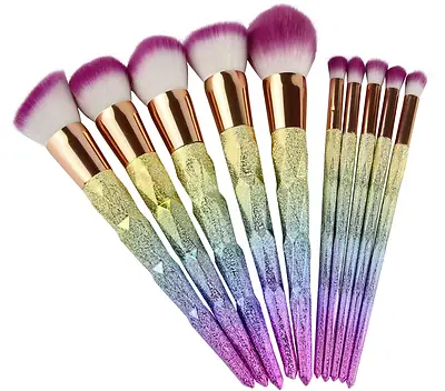 $50 • Buy New 10pc Diamond Cut Rainbow Colours Sparkly Full Sized Unicorn Makeup Brush Set