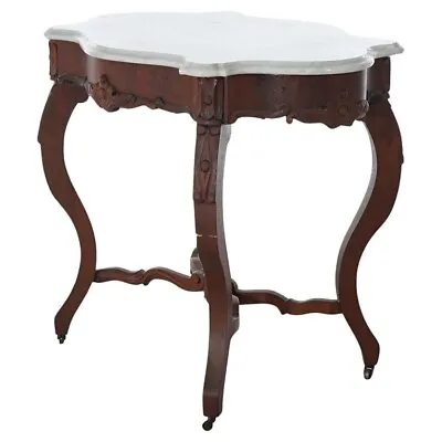 Antique Victorian Carved Walnut & Marble Turtle Top Parlor Table C1890 • $1160