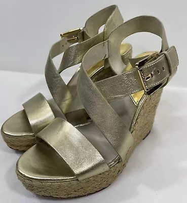 Michael Kors Resort Collection Giovanna Gold Rafia Espadrille Wedge Sandal Sz 7 • $39.99