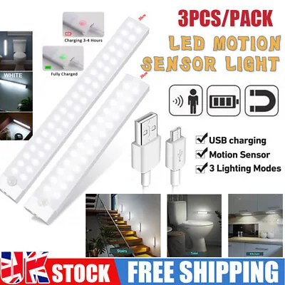USB Rechargeable LED PIR Motion Sensor Light Strip Wireless Cabinet Closet Lamp • £4.98