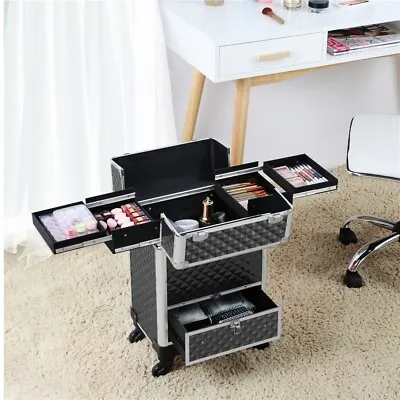 $69.99 • Buy Professional Rolling Makeup Case Aluminum Trolley Train Case Cosmetic Case Black