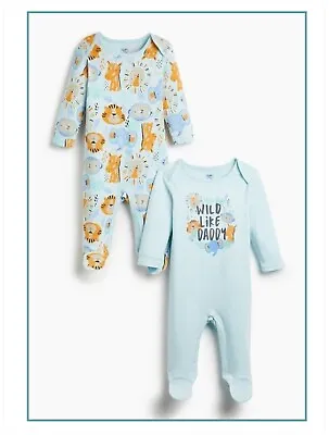 Baby Boys Blue Babygrows 2 Pack Lion & Slogan Jungle Sleepsuits 6-18 Months NEW • £9.99
