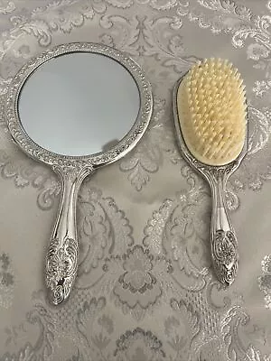 Vintage Silver Plated Hair Brush Comb And Mirror Combo Set Mid Century Modern • $29.95