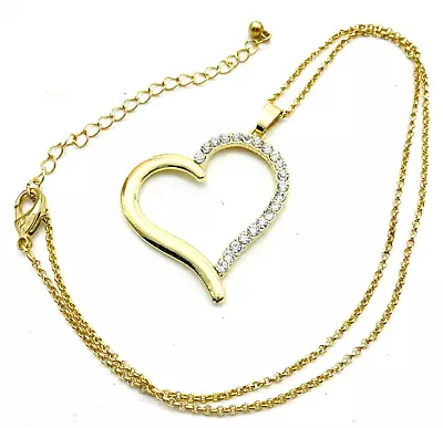 Open Heart Medallion Necklace Pave Crystal Side Gold Tone Valentine Love Gift • $7.49