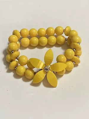 Vintage Yellow Plastic Beaded Double Row Rhinestone Flower Stretch Bracelet 6  • $7.80