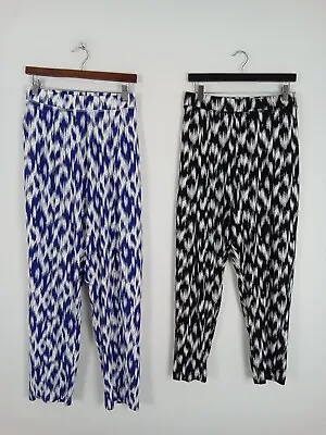 M&S Trousers Blue Black White Print Elastic Waist Tapered Pockets Jersey NEW F2 • £6.99