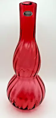 Vintage Fenton Cranberry Ruby Red Swirl Vase Art Glass 10.75  W/Sticker & Stamp • $51.75