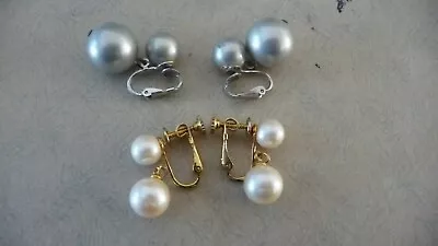 #1228X Vtg Costume 2 Pr CLIP ON  EARRINGS SILVER GOLD Tones MARVELLA  FAUX PEARL • $5.99