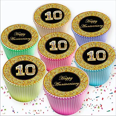 10th Anniversary Black & Gold  Edible Cupcake Toppers Cake Decorations 8420 • £2.99