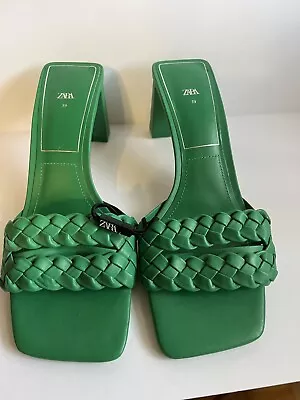 Zara Green Braided Slides Sandals Heels Size UK 39 US 8 New • $18