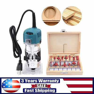 Wood Router Tool Compact Trim Router With 6 Variable Speed 15 Wood Router Bits • $48.92