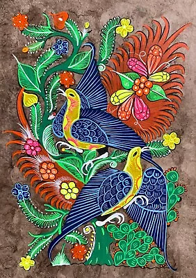 $29.99 • Buy 15 1/2 X 23  Mexican Folk Art Amate Bark Painting Aztec Bird Peacock Flower