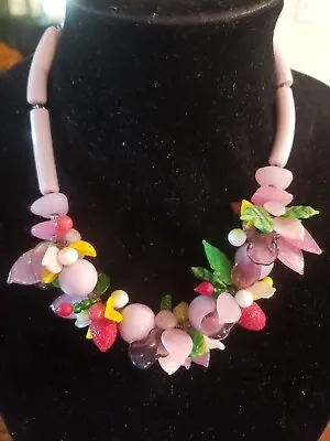 Vtg Italy Italian Murano Glass Perini Fruit Salad Strawberry Bananas Necklace  • $175