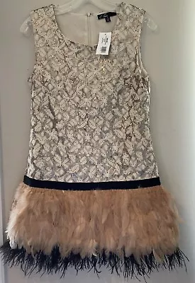 C Luce Ostrich Feather Bottom Ruffle Mini Sequin Lace Dress Women S Ivory Formal • $44.99