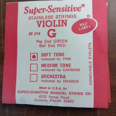 1 Violin String G 4/4 Soft Tone  Red Label Super Sensitive SS214  NOS  • $5