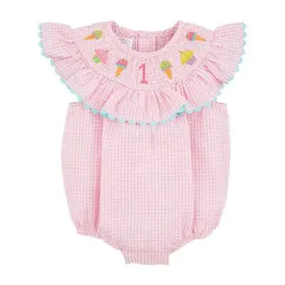 Mud Pie Birthday Girl Pink Gingham Seersucker 1 One Smocked Bubble  12-18 Months • $32