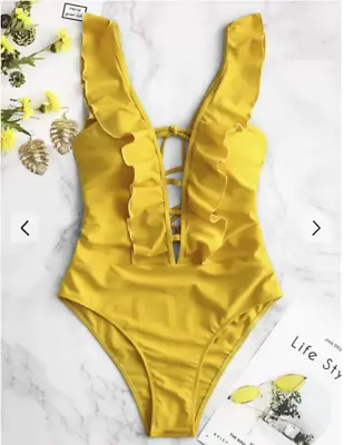 NWT Zaful Yellow Plunge One Piece Swimsuit Ruffle Front Criss Cross Back US 6 • $16.99