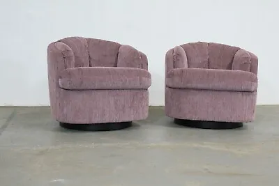 Pair Of Mid-Century Modern Milo Baughman Style 360 Swivel Club Chairs On Plinth • $2995