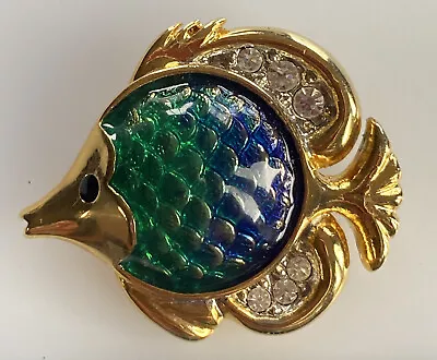 Vintage Cabouchon Angel Fish Brooch Pin Goldtone 90s Blue Green Enamel Crystal • £8