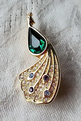 Rare Vintage Signed Swarovski Crystal Peacock Pin Emerald Green • $24.95