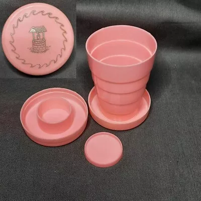 Vtg PINK Plastic Collapsible Travel Drinking Cup Pill Holder & LID Pocket Purse • $8.87