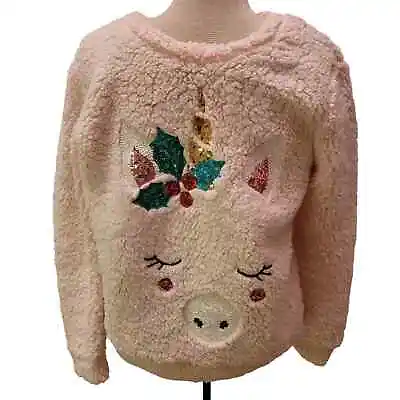 Sequined Christmas Unicorn Ugly Christmas Sweatshirt Sherpa Teddy Pink Size L • £18.32