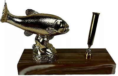 Vintage Metal Bass FISHING TROPHY & Desk Pen Set BASS Pen Holder MARBLE Base • $36.98