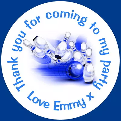  Personalised Gloss Blue 10 Pin Bowling  Party Bag Labels Sweet Cone Stickers  • £4.55