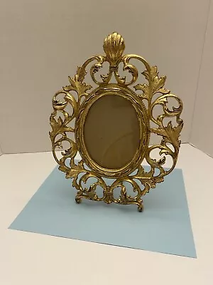 Vintage Cast Iron Easel Back Oval Picture Frame French Rococo Gold Tone 08939 • $40