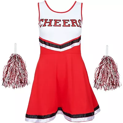 Halloween Red Cheerleader Fancy Dress Outfit High School Uniform Costume Pom Pom • £14.45