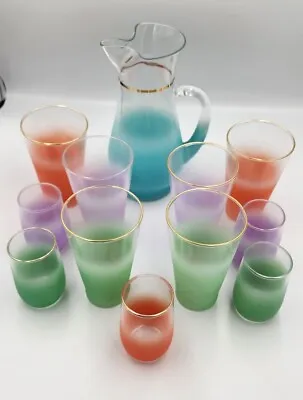 Mid Century Modern Frosted Blendo Glass Pitcher Tumblers Shots 12 Pc Set Vtg • $105
