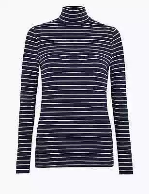 BNWT M&S Navy Cotton Striped Funnel Neck Fitted Top UK 10                 (ST84) • £7.99