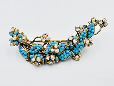 Vintage Victorian Floral Filagree Brass Tone Turquoise & Pearl Seed Beads Brooch • $18.17