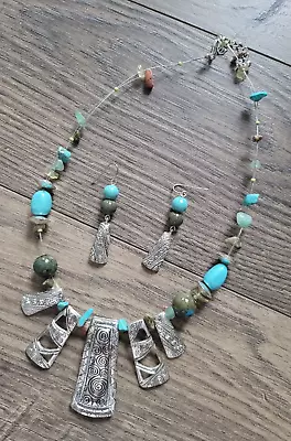 Vintage Chunky Turquoise Blue And Silver Tone Necklace Beaded W Earrings Set • $9.99